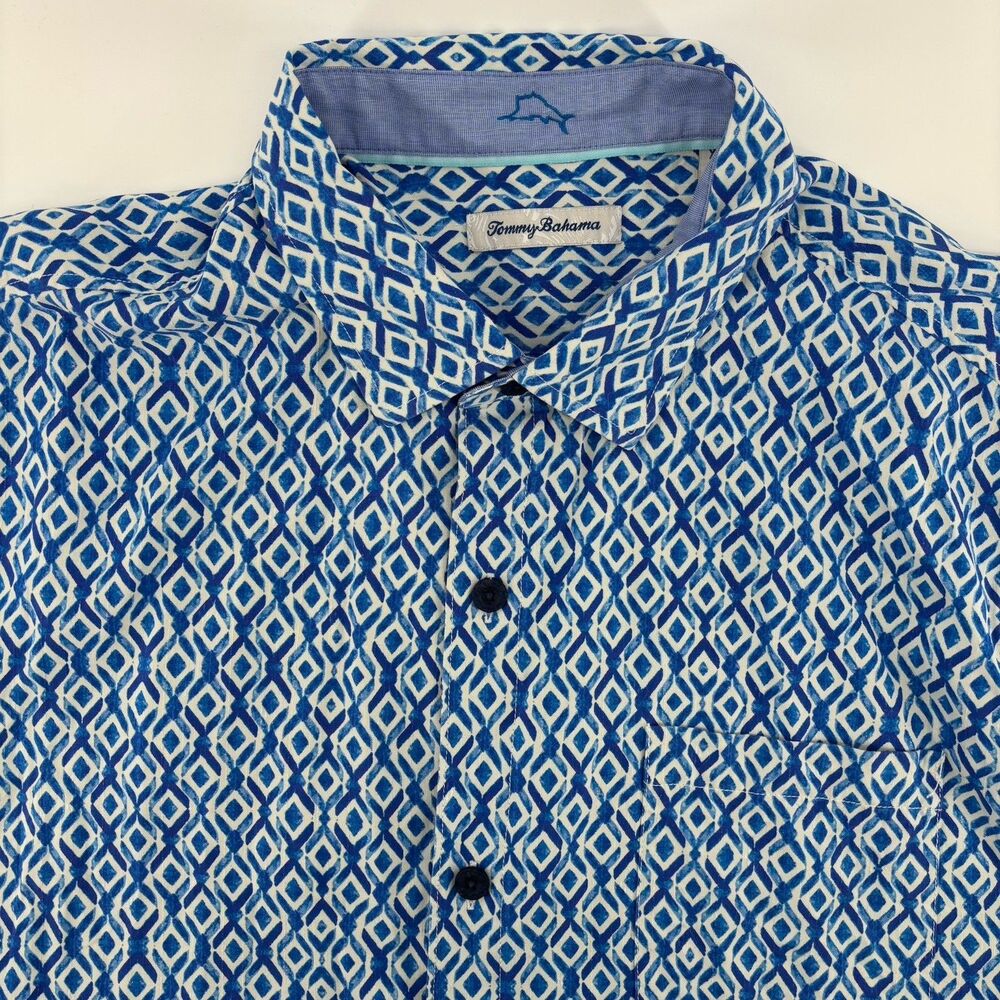 Tommy Bahama Men Blue Resort‎ Raindrop Geo 100% Silk Button Down Shirt X Large